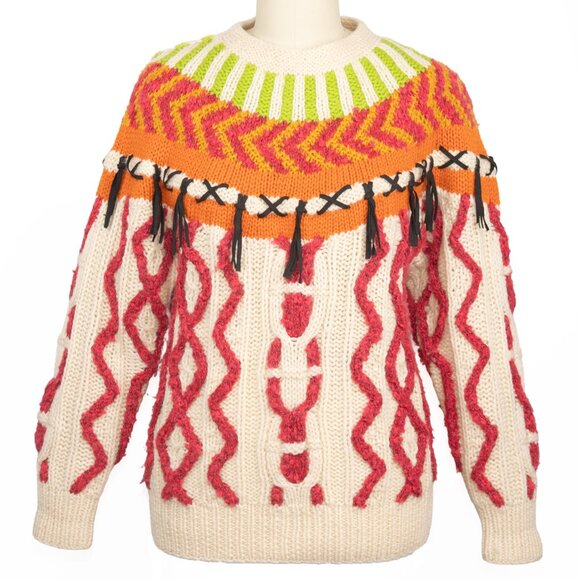 NOVO Vintage 1980s Hand Knit Wool Sweater Med Bold Neon Geometric Pattern - Picture 1 of 9